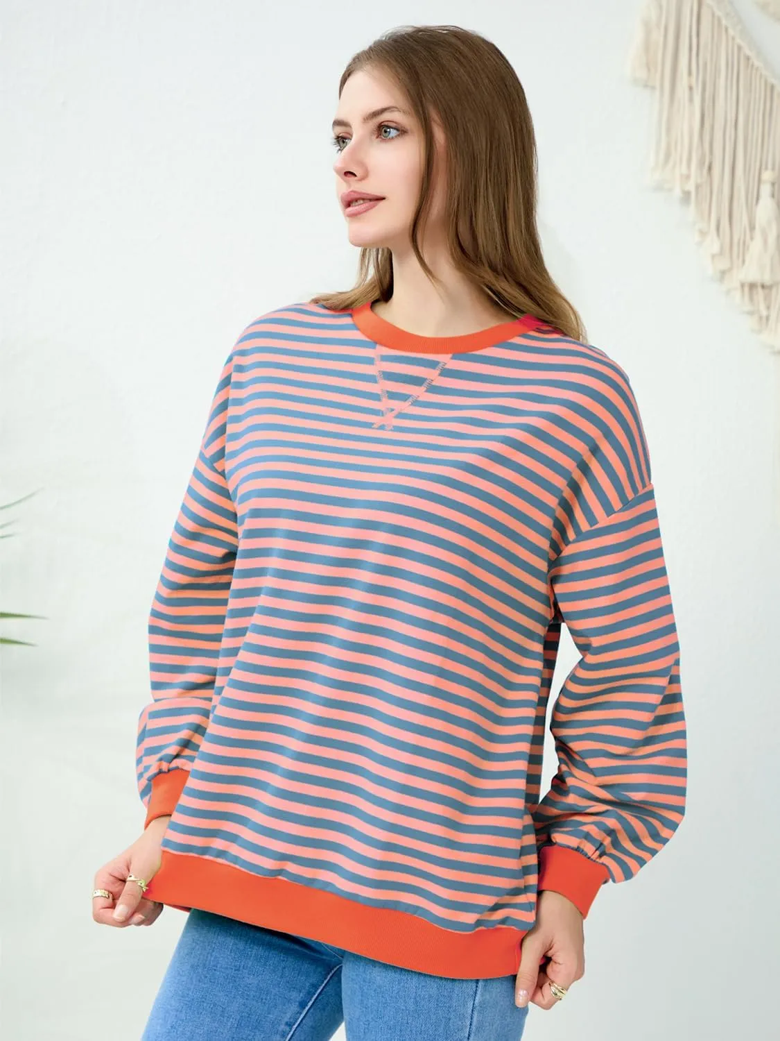 EYZH Women Oversized Striped Color Block Long Sleeve Crew Neck Sweatshirt Casual Loose Pullover Tunic Tops Outfits