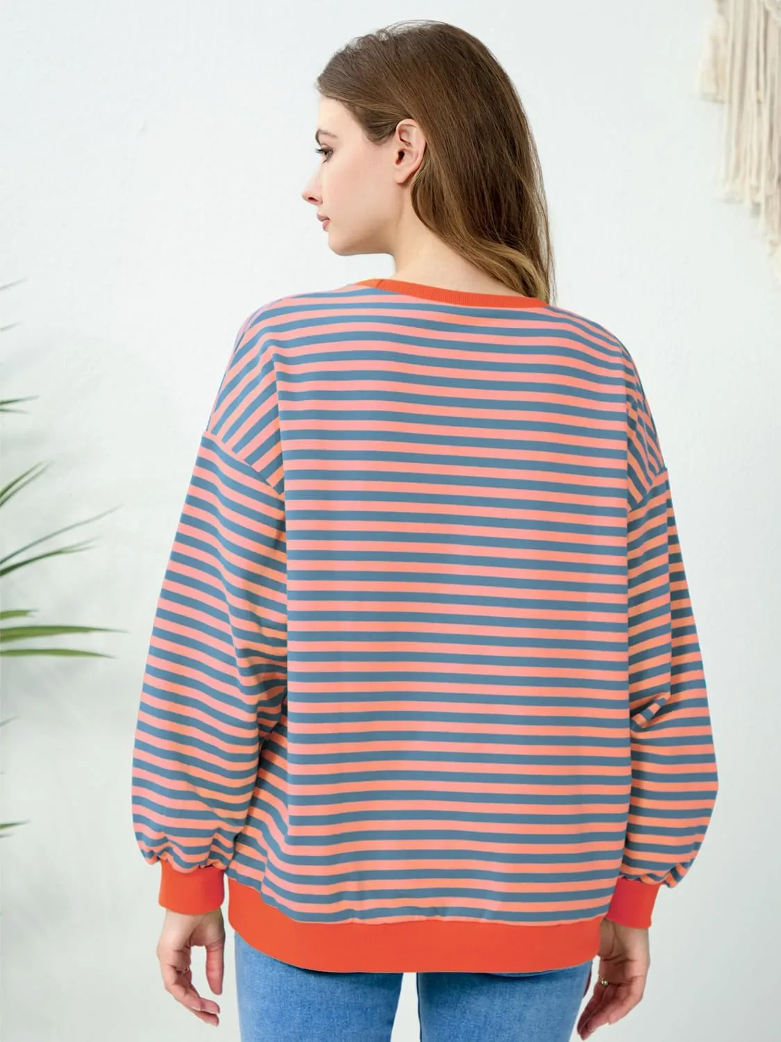 EYZH Women Oversized Striped Color Block Long Sleeve Crew Neck Sweatshirt Casual Loose Pullover Tunic Tops Outfits