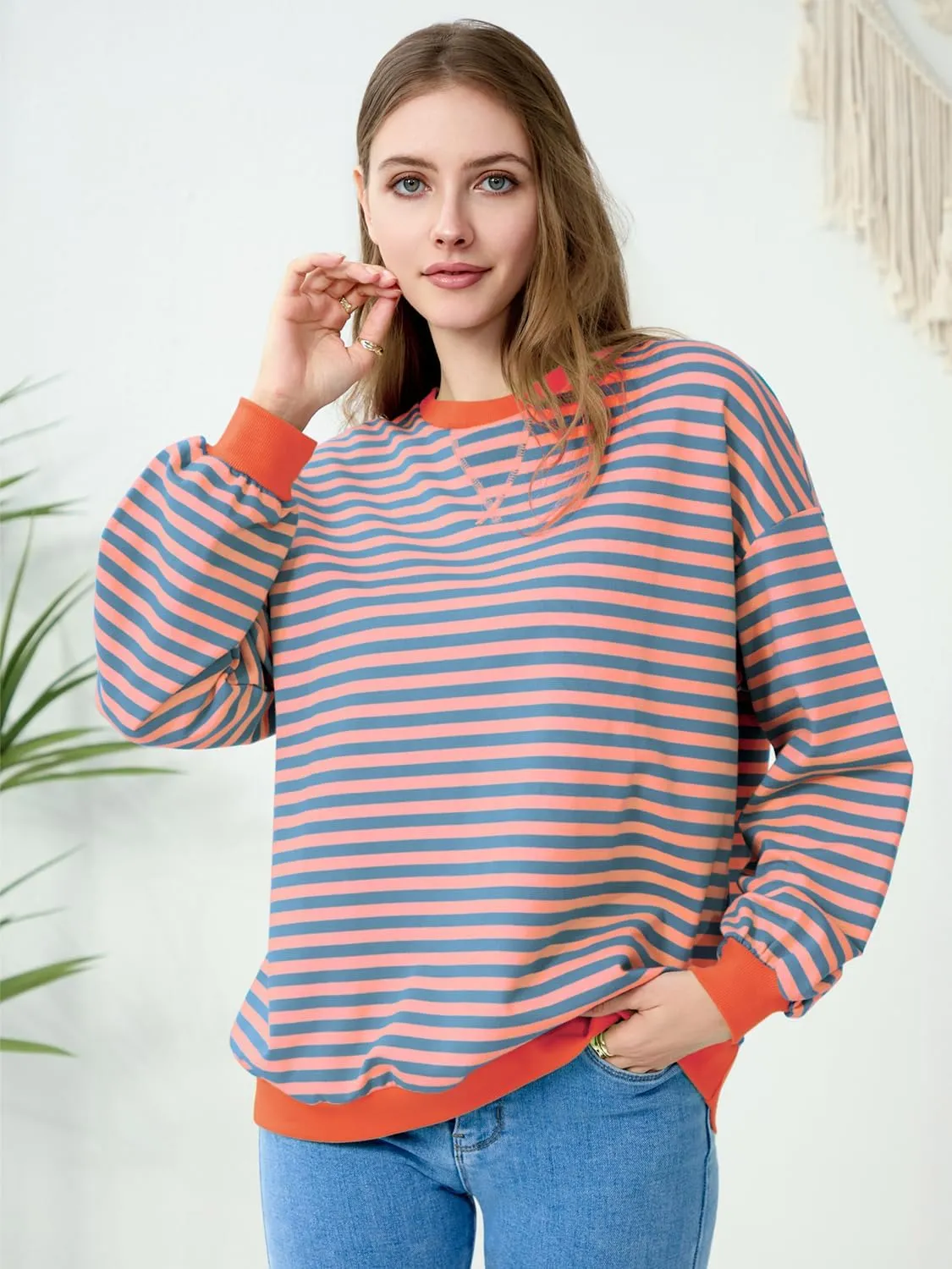 EYZH Women Oversized Striped Color Block Long Sleeve Crew Neck Sweatshirt Casual Loose Pullover Tunic Tops Outfits