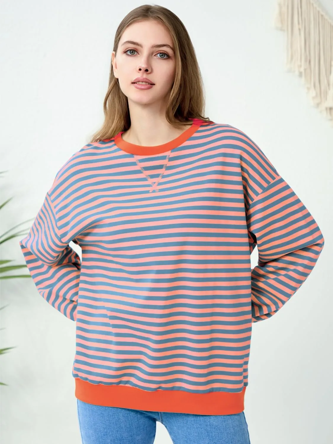 EYZH Women Oversized Striped Color Block Long Sleeve Crew Neck Sweatshirt Casual Loose Pullover Tunic Tops Outfits