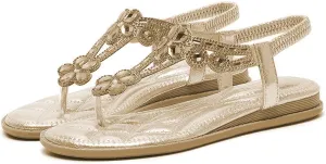 Fashion Trendy Thong Sandals for Women 2025 T-Strap Beaded Flower Flip-Flop Shoes Bohemian Pearl Crystal Flat Sandals Summer Beach Elastic Flip-Flop Thong Shoes 2025