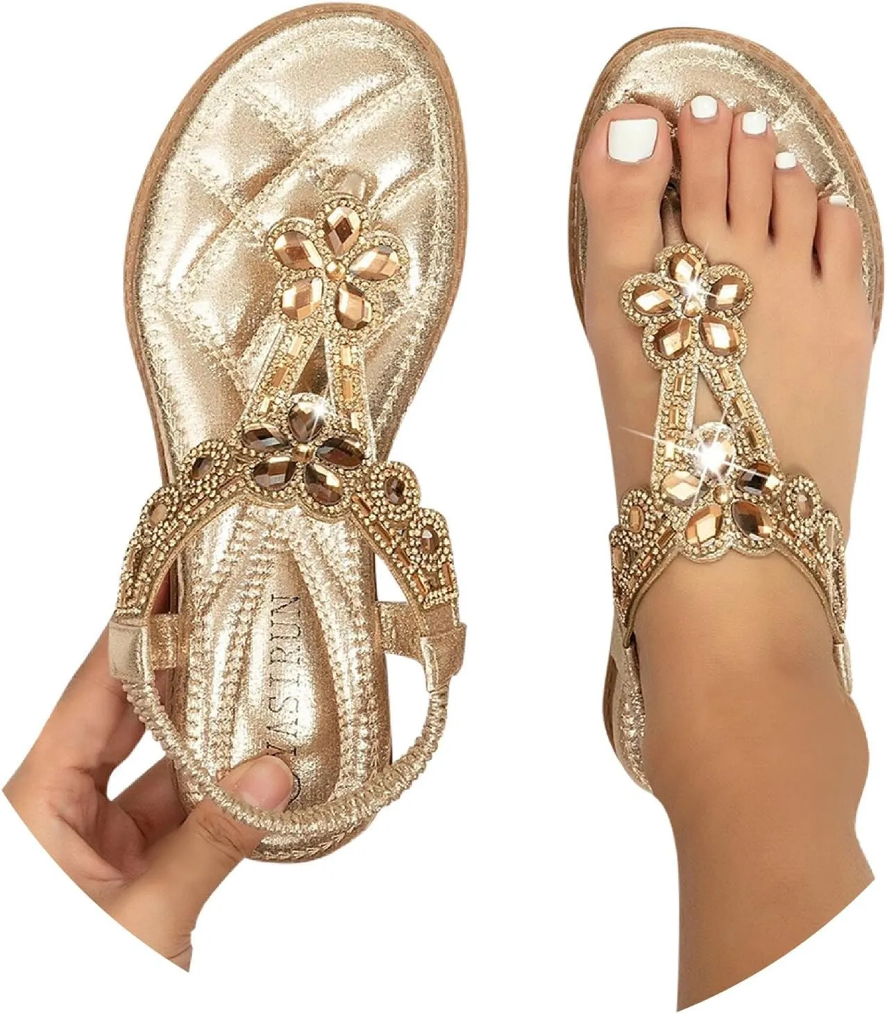 Fashion Trendy Thong Sandals for Women 2025 T-Strap Beaded Flower Flip-Flop Shoes Bohemian Pearl Crystal Flat Sandals Summer Beach Elastic Flip-Flop Thong Shoes 2025