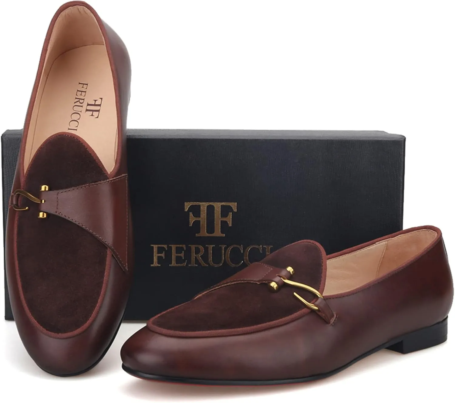 FERUCCI Brown Leather Loafer with Buckle Slippers Flat Prom Wedding