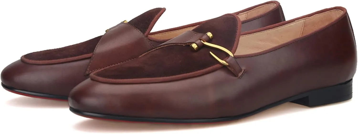 FERUCCI Brown Leather Loafer with Buckle Slippers Flat Prom Wedding