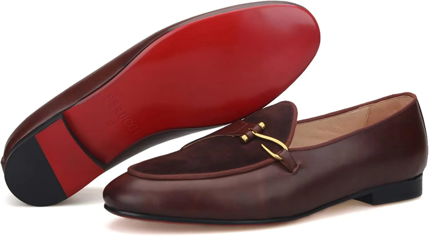 FERUCCI Brown Leather Loafer with Buckle Slippers Flat Prom Wedding
