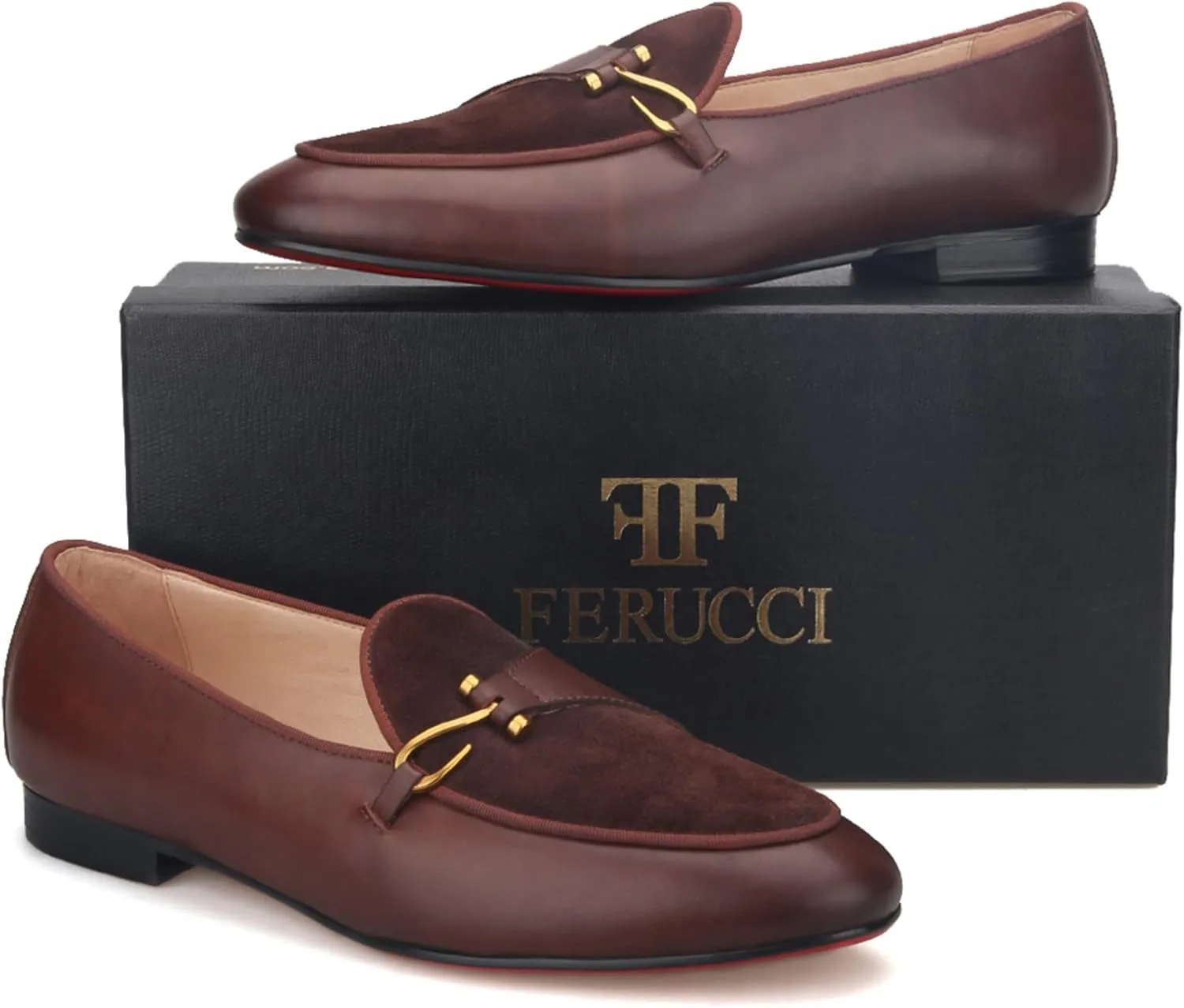 FERUCCI Brown Leather Loafer with Buckle Slippers Flat Prom Wedding