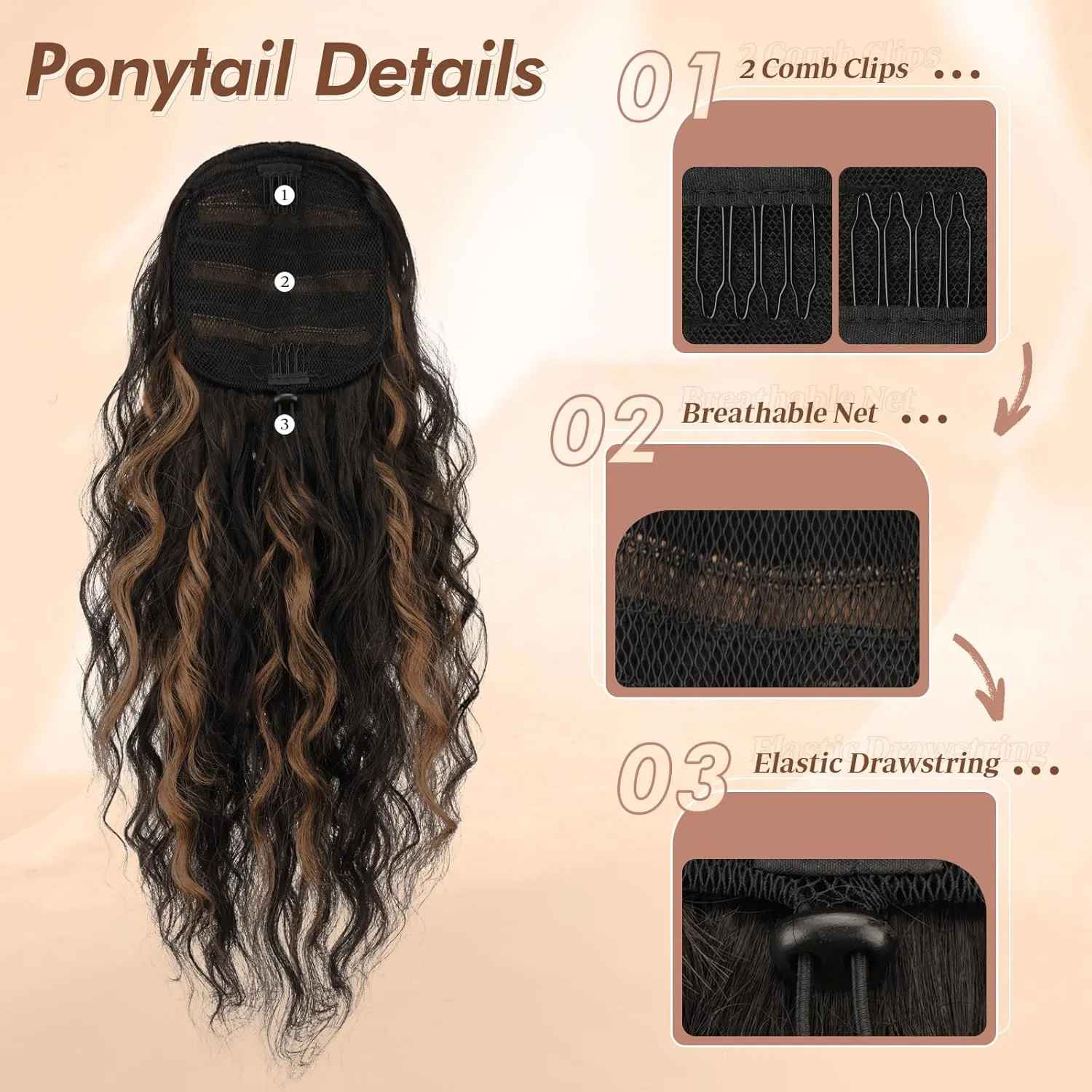 FESHFEN Ponytail Extensions, Long Curly Wavy Drawstring Ponytails Synthetic Pony Tail Hairpieces for Women, Dark Brown & Caramel Blonde 18 inch