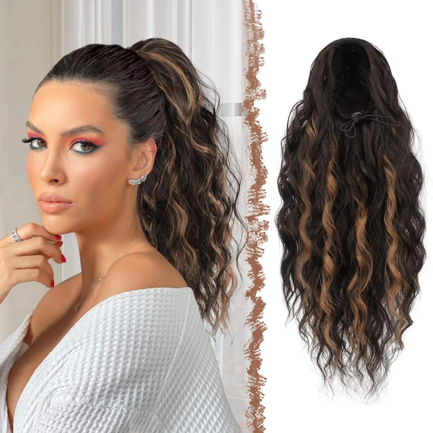 FESHFEN Ponytail Extensions, Long Curly Wavy Drawstring Ponytails Synthetic Pony Tail Hairpieces for Women, Dark Brown & Caramel Blonde 18 inch