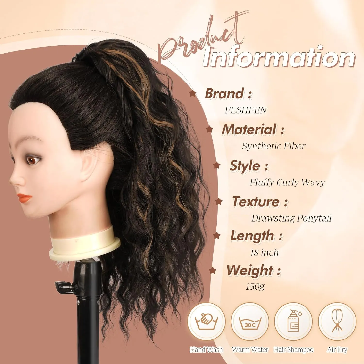 FESHFEN Ponytail Extensions, Long Curly Wavy Drawstring Ponytails Synthetic Pony Tail Hairpieces for Women, Dark Brown & Caramel Blonde 18 inch