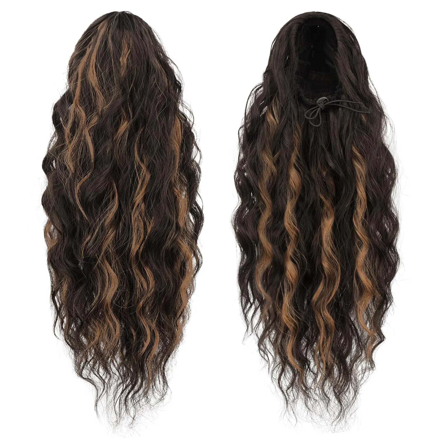 FESHFEN Ponytail Extensions, Long Curly Wavy Drawstring Ponytails Synthetic Pony Tail Hairpieces for Women, Dark Brown & Caramel Blonde 18 inch