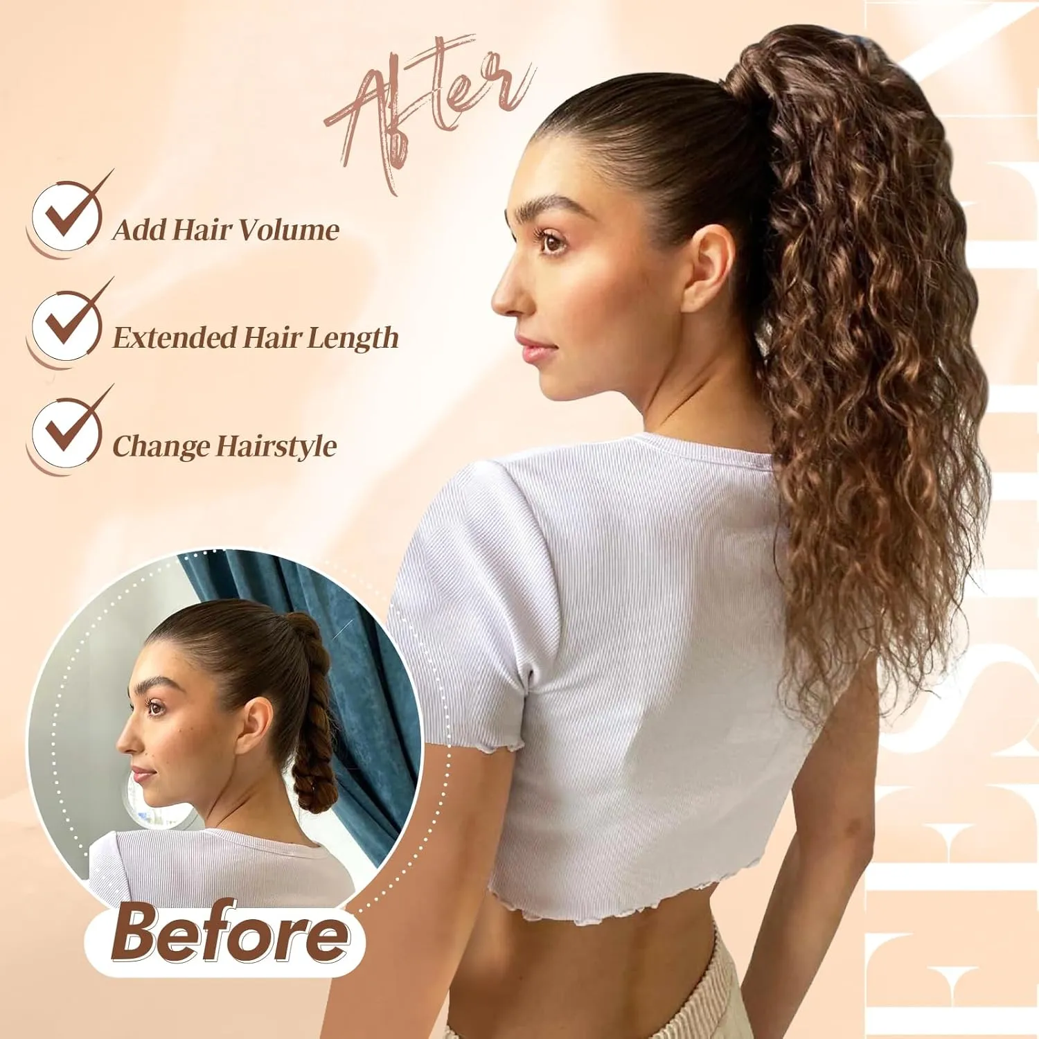 FESHFEN Ponytail Extensions, Long Curly Wavy Drawstring Ponytails Synthetic Pony Tail Hairpieces for Women, Dark Brown & Caramel Blonde 18 inch