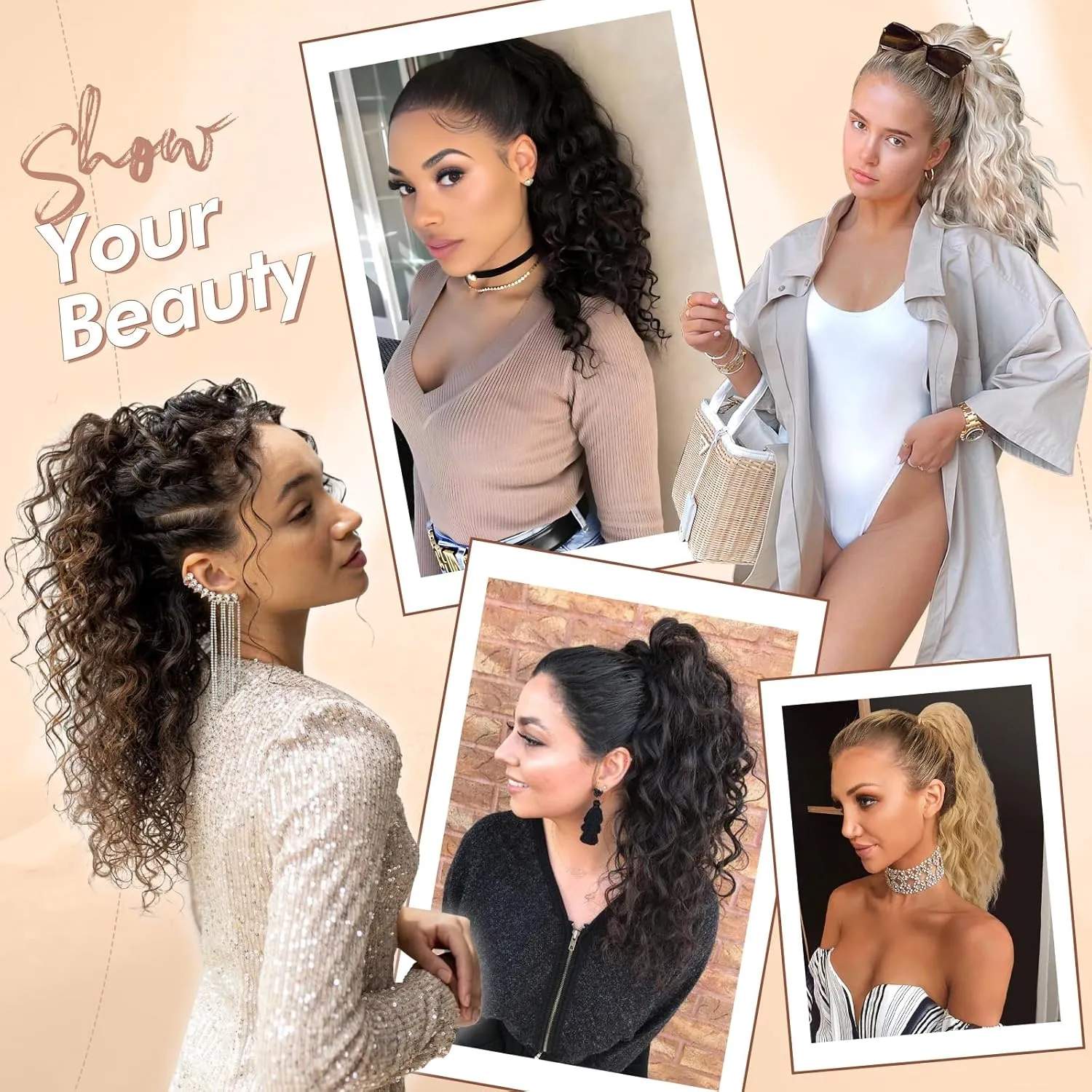 FESHFEN Ponytail Extensions, Long Curly Wavy Drawstring Ponytails Synthetic Pony Tail Hairpieces for Women, Dark Brown & Caramel Blonde 18 inch