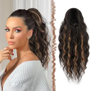 FESHFEN Ponytail Extensions, Long Curly Wavy Drawstring Ponytails Synthetic Pony Tail Hairpieces for Women, Dark Brown & Caramel Blonde 18 inch