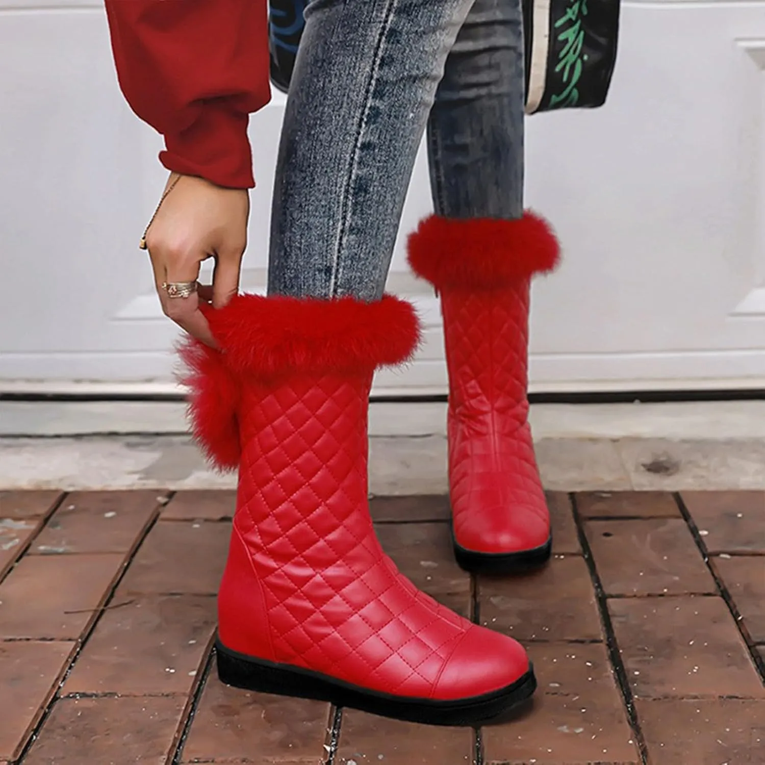 Flat Zip Up Snow Boots, Round Toe Velvet Ankle Boots V-Neck Raw Edge Windproof Straight Boots Patent Leather Waterproof and Non-Slip Winter Boots for Women