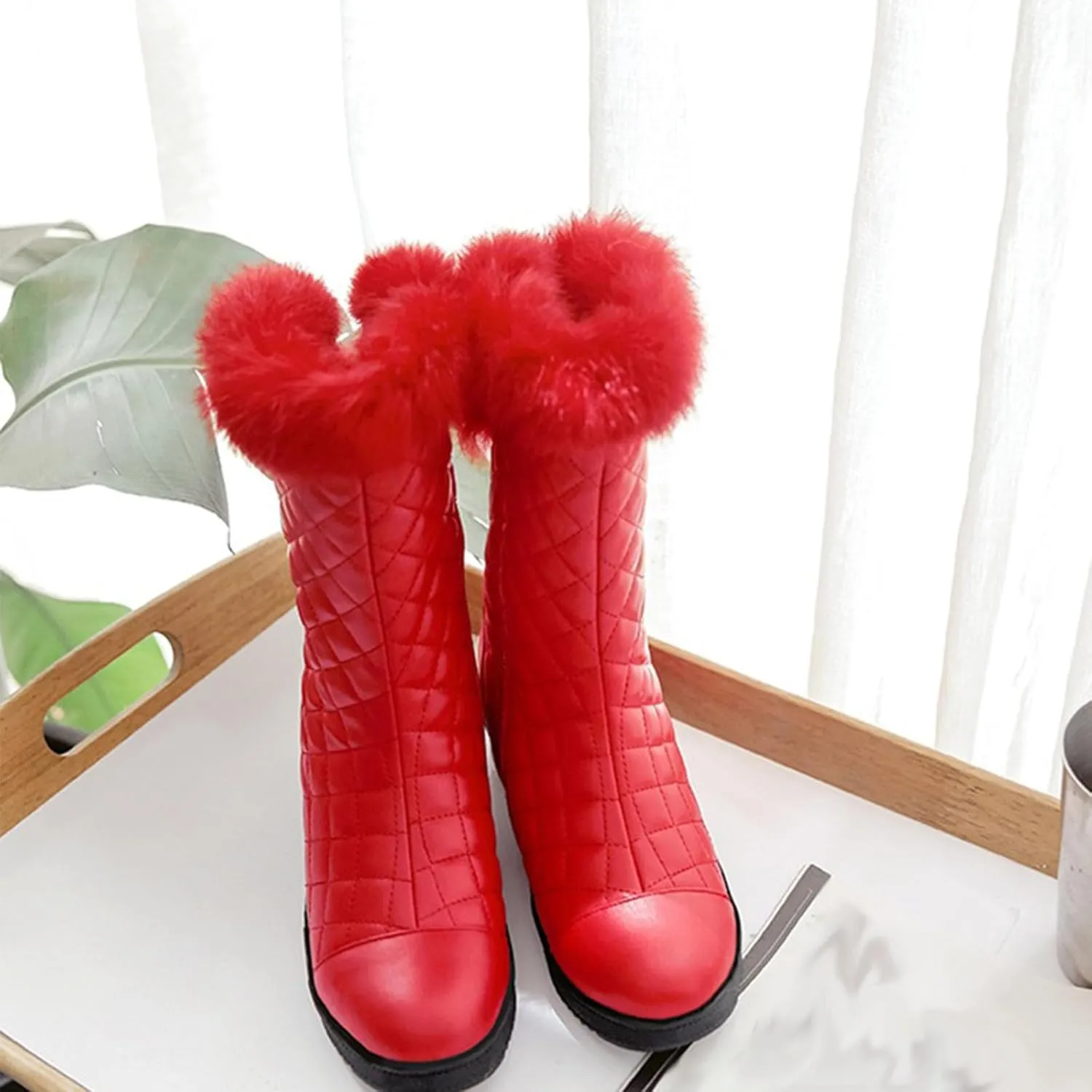 Flat Zip Up Snow Boots, Round Toe Velvet Ankle Boots V-Neck Raw Edge Windproof Straight Boots Patent Leather Waterproof and Non-Slip Winter Boots for Women