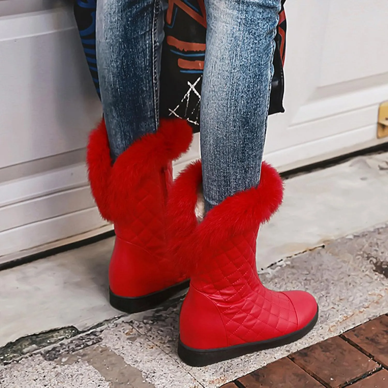 Flat Zip Up Snow Boots, Round Toe Velvet Ankle Boots V-Neck Raw Edge Windproof Straight Boots Patent Leather Waterproof and Non-Slip Winter Boots for Women