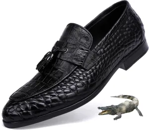 Formal Mens Leather Dress Shoes, Classic Ostrich Pattern Slip On Buckle Loafers Business Shoes Party Wedding Leather Loafers for Mens, Black