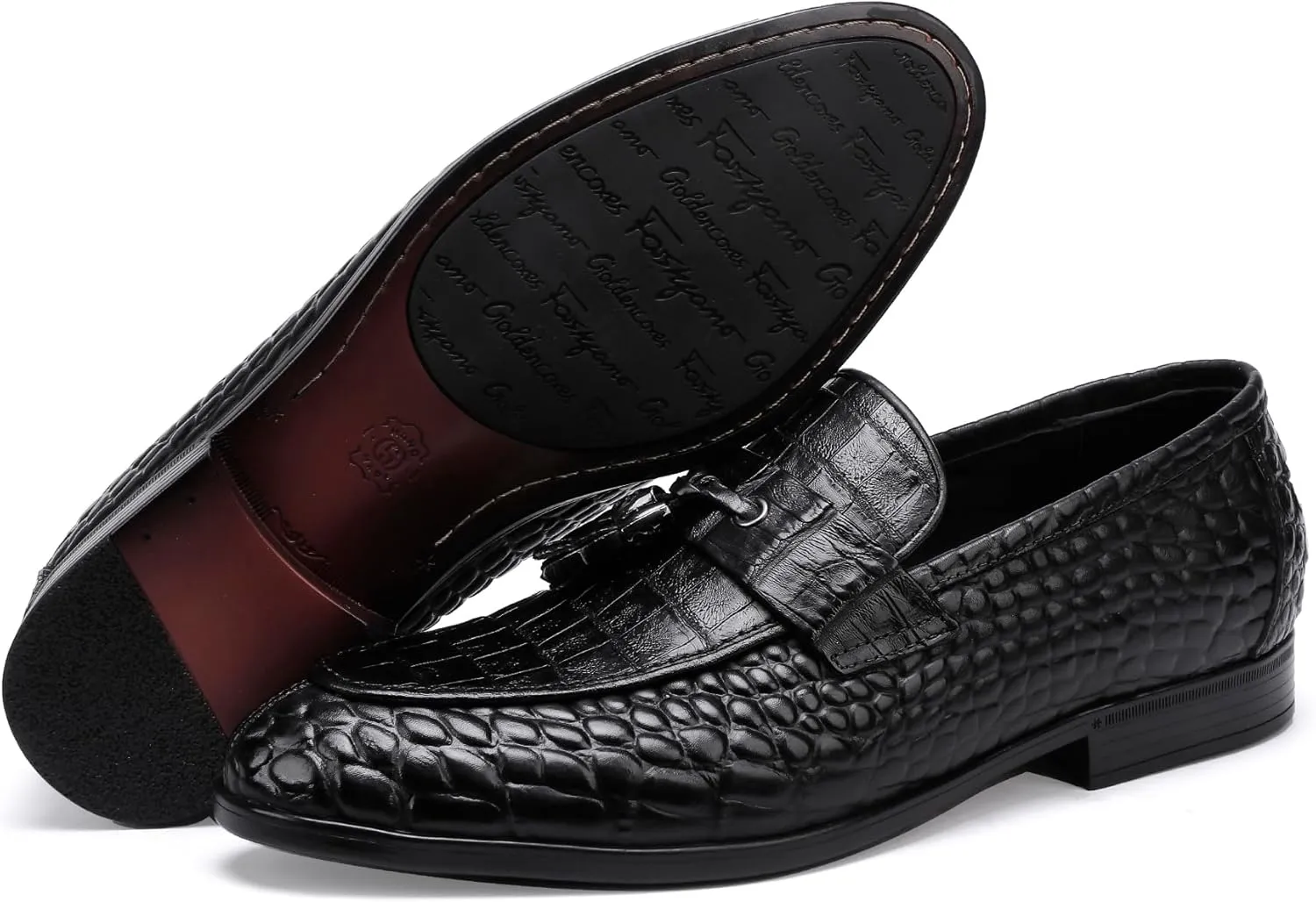Formal Mens Leather Dress Shoes, Classic Ostrich Pattern Slip On Buckle Loafers Business Shoes Party Wedding Leather Loafers for Mens, Black
