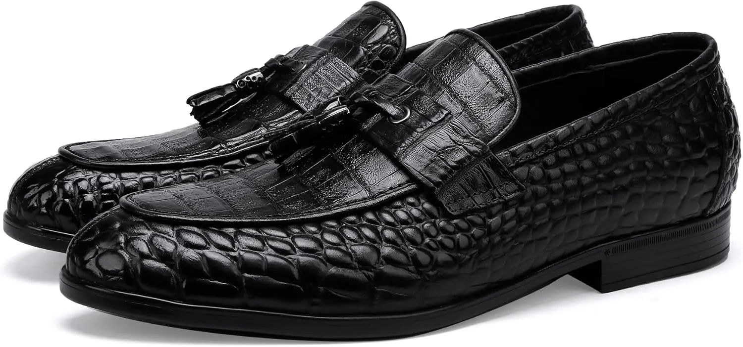 Formal Mens Leather Dress Shoes, Classic Ostrich Pattern Slip On Buckle Loafers Business Shoes Party Wedding Leather Loafers for Mens, Black