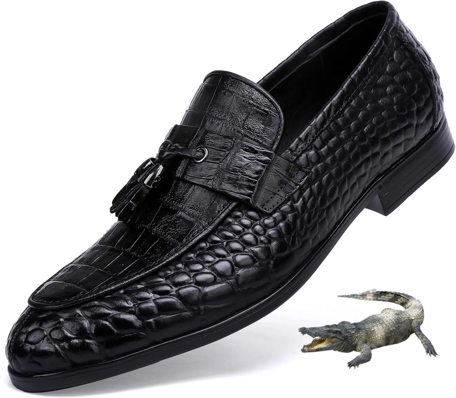 Formal Mens Leather Dress Shoes, Classic Ostrich Pattern Slip On Buckle Loafers Business Shoes Party Wedding Leather Loafers for Mens, Black