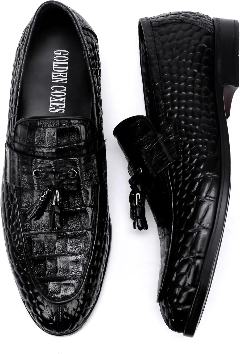 Formal Mens Leather Dress Shoes, Classic Ostrich Pattern Slip On Buckle Loafers Business Shoes Party Wedding Leather Loafers for Mens, Black