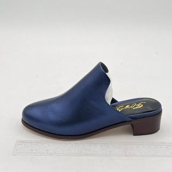 FOWT Blue Closed Toe Mules Slip On Retro Loafer Low Chunky Thick Heel Slippers