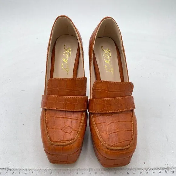 FOWT Crocodile Textured Chunky Heel Square Toe Loafer Platform Pump Office Loafe