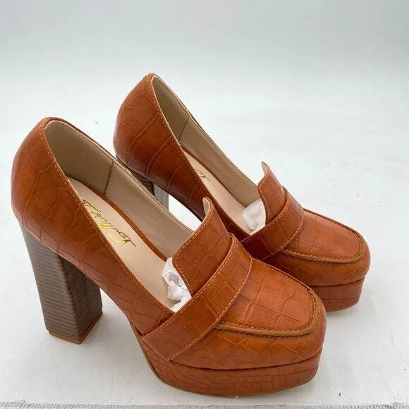 FOWT Crocodile Textured Chunky Heel Square Toe Loafer Platform Pump Office Loafe