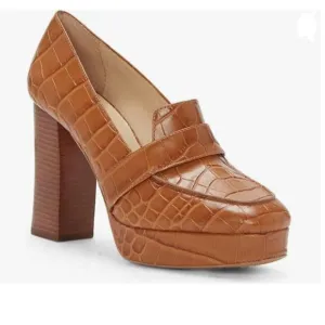 FOWT Crocodile Textured Chunky Heel Square Toe Loafer Platform Pump Office Loafe