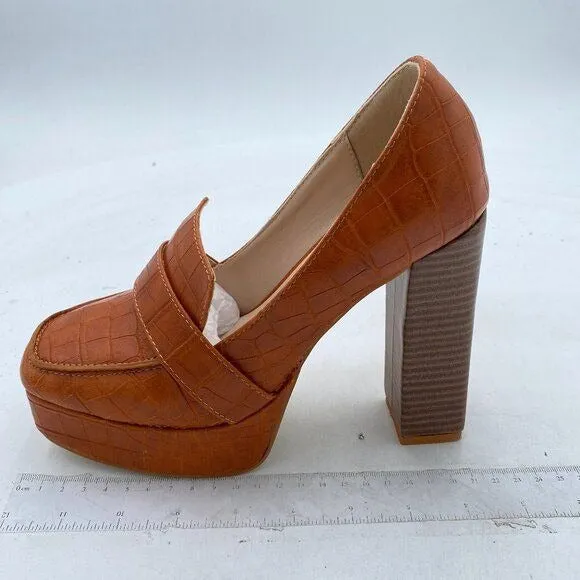 FOWT Crocodile Textured Chunky Heel Square Toe Loafer Platform Pump Office Loafe