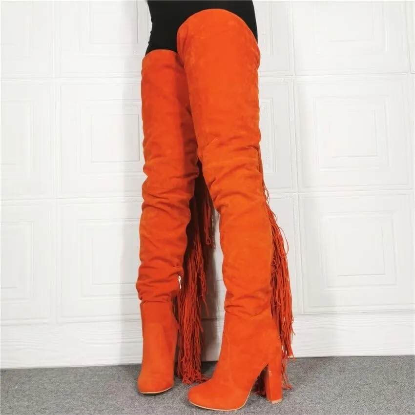 Frankie Hsu Sexy Orange Tassel Chunky Over The Knee Boots, Faux Suede Leather Classic Thigh High Style, Fashion Large Big Size Block Heels Long Shoes For Women