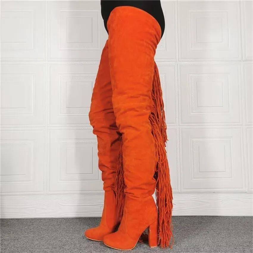 Frankie Hsu Sexy Orange Tassel Chunky Over The Knee Boots, Faux Suede Leather Classic Thigh High Style, Fashion Large Big Size Block Heels Long Shoes For Women
