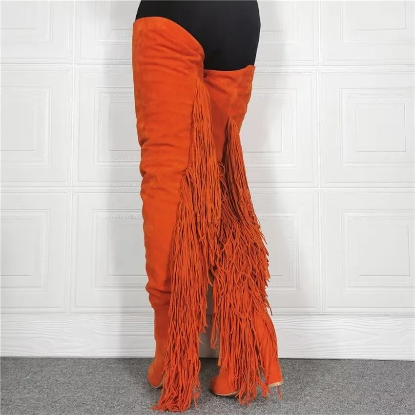 Frankie Hsu Sexy Orange Tassel Chunky Over The Knee Boots, Faux Suede Leather Classic Thigh High Style, Fashion Large Big Size Block Heels Long Shoes For Women