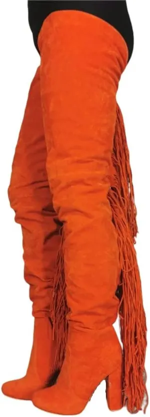 Frankie Hsu Sexy Orange Tassel Chunky Over The Knee Boots, Faux Suede Leather Classic Thigh High Style, Fashion Large Big Size Block Heels Long Shoes For Women