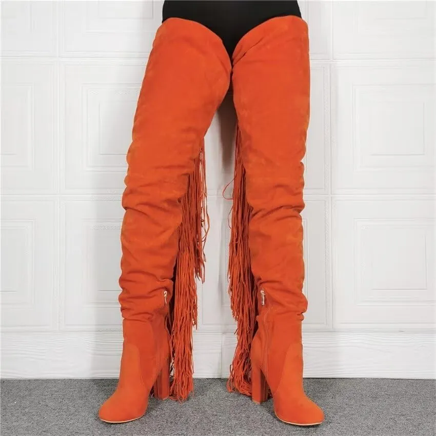 Frankie Hsu Sexy Orange Tassel Chunky Over The Knee Boots, Faux Suede Leather Classic Thigh High Style, Fashion Large Big Size Block Heels Long Shoes For Women