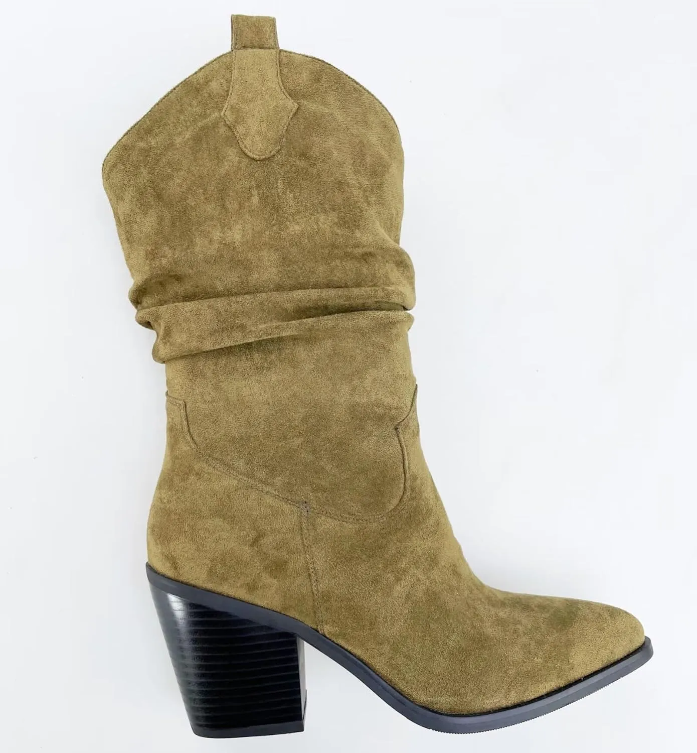 Frankie Hsu Women's Slouchy Western Cowboy Boots Ankle High Olive Green Faux Suede Almond Medium Heeled Thick Chunky Fashion Classic Wide Calf Big Size Pull-On Bootie