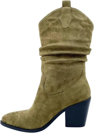 Frankie Hsu Women's Slouchy Western Cowboy Boots Ankle High Olive Green Faux Suede Almond Medium Heeled Thick Chunky Fashion Classic Wide Calf Big Size Pull-On Bootie