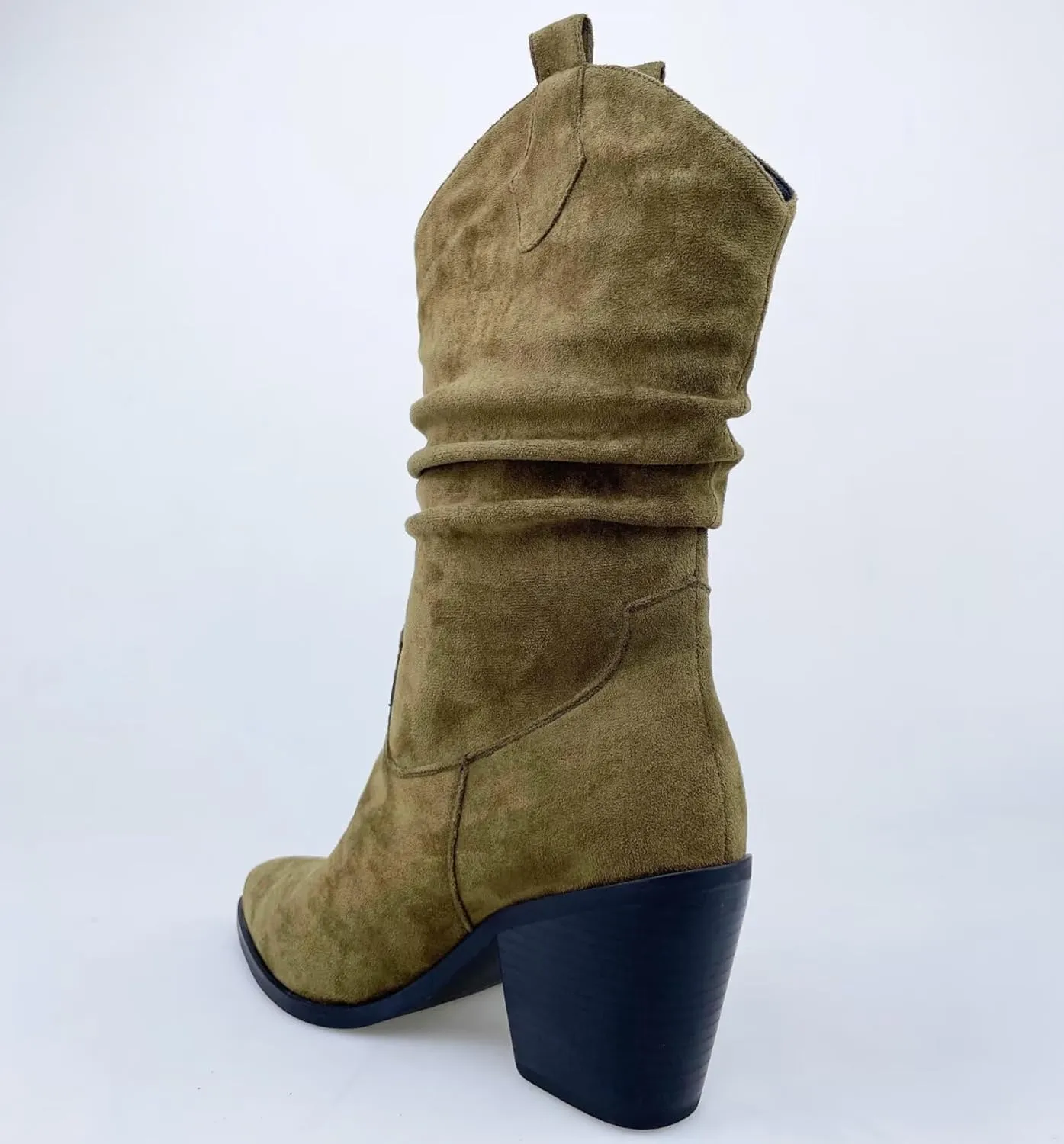 Frankie Hsu Women's Slouchy Western Cowboy Boots Ankle High Olive Green Faux Suede Almond Medium Heeled Thick Chunky Fashion Classic Wide Calf Big Size Pull-On Bootie