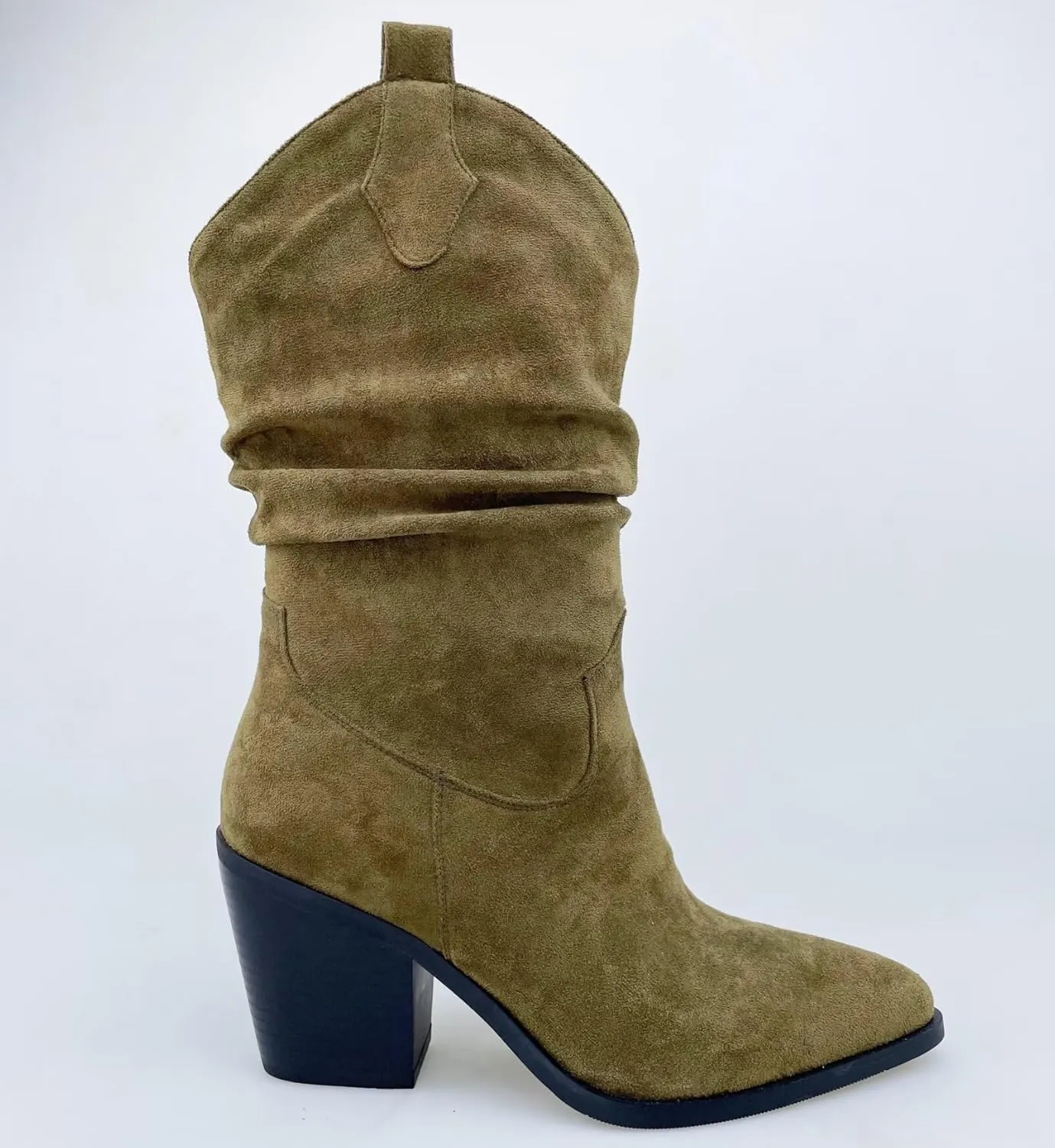 Frankie Hsu Women's Slouchy Western Cowboy Boots Ankle High Olive Green Faux Suede Almond Medium Heeled Thick Chunky Fashion Classic Wide Calf Big Size Pull-On Bootie