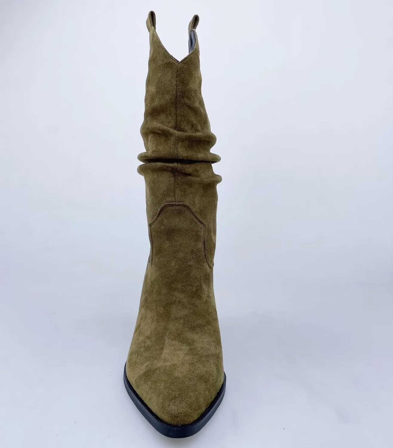 Frankie Hsu Women's Slouchy Western Cowboy Boots Ankle High Olive Green Faux Suede Almond Medium Heeled Thick Chunky Fashion Classic Wide Calf Big Size Pull-On Bootie