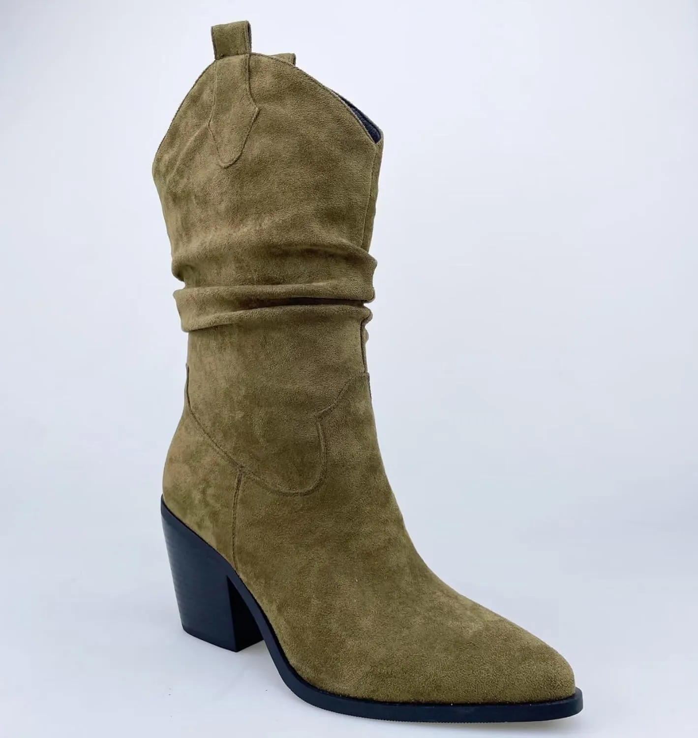 Frankie Hsu Women's Slouchy Western Cowboy Boots Ankle High Olive Green Faux Suede Almond Medium Heeled Thick Chunky Fashion Classic Wide Calf Big Size Pull-On Bootie