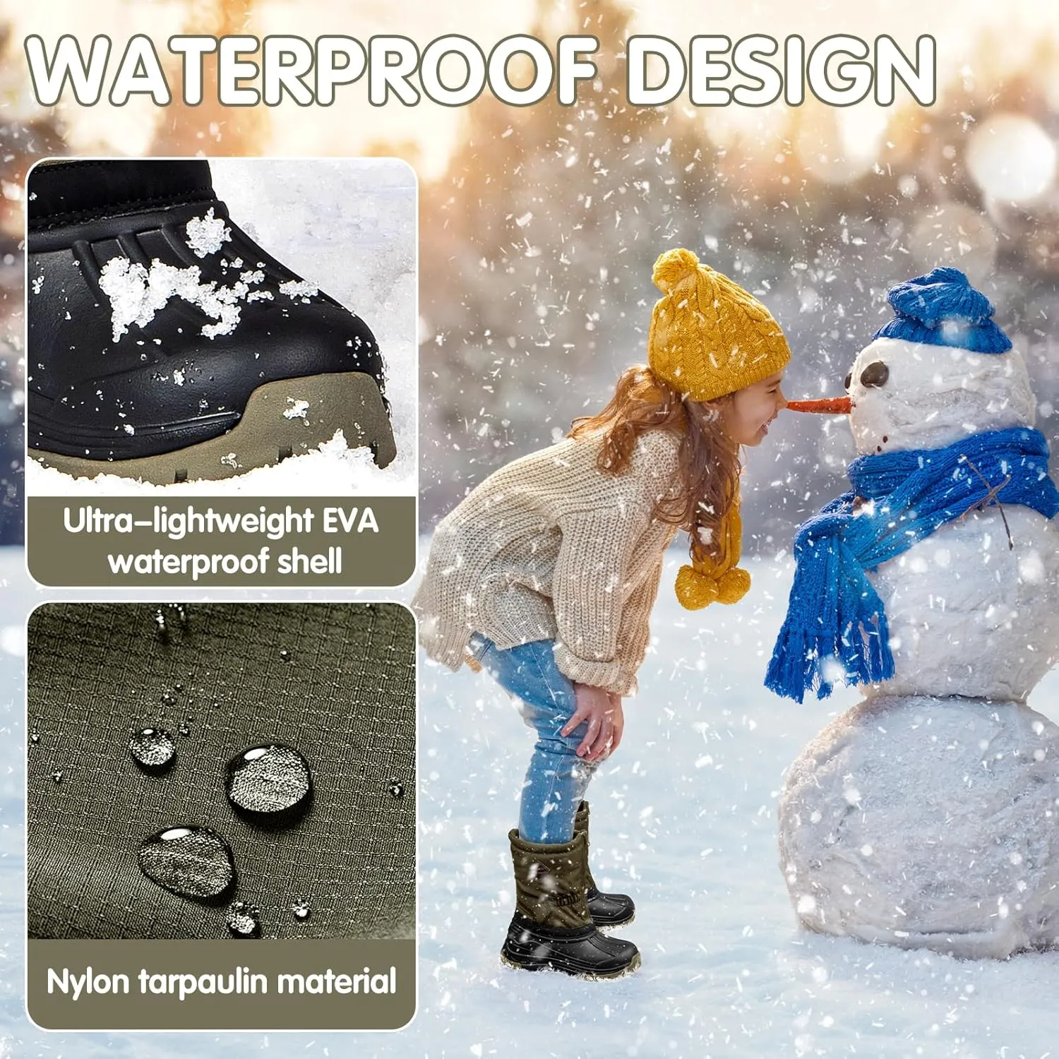 FREE SOLDIER Snow Boots for Kids Waterproof with Zipper Winter Warm Non Slip Cold Weather Outdoor Boys Girls Snow Boots