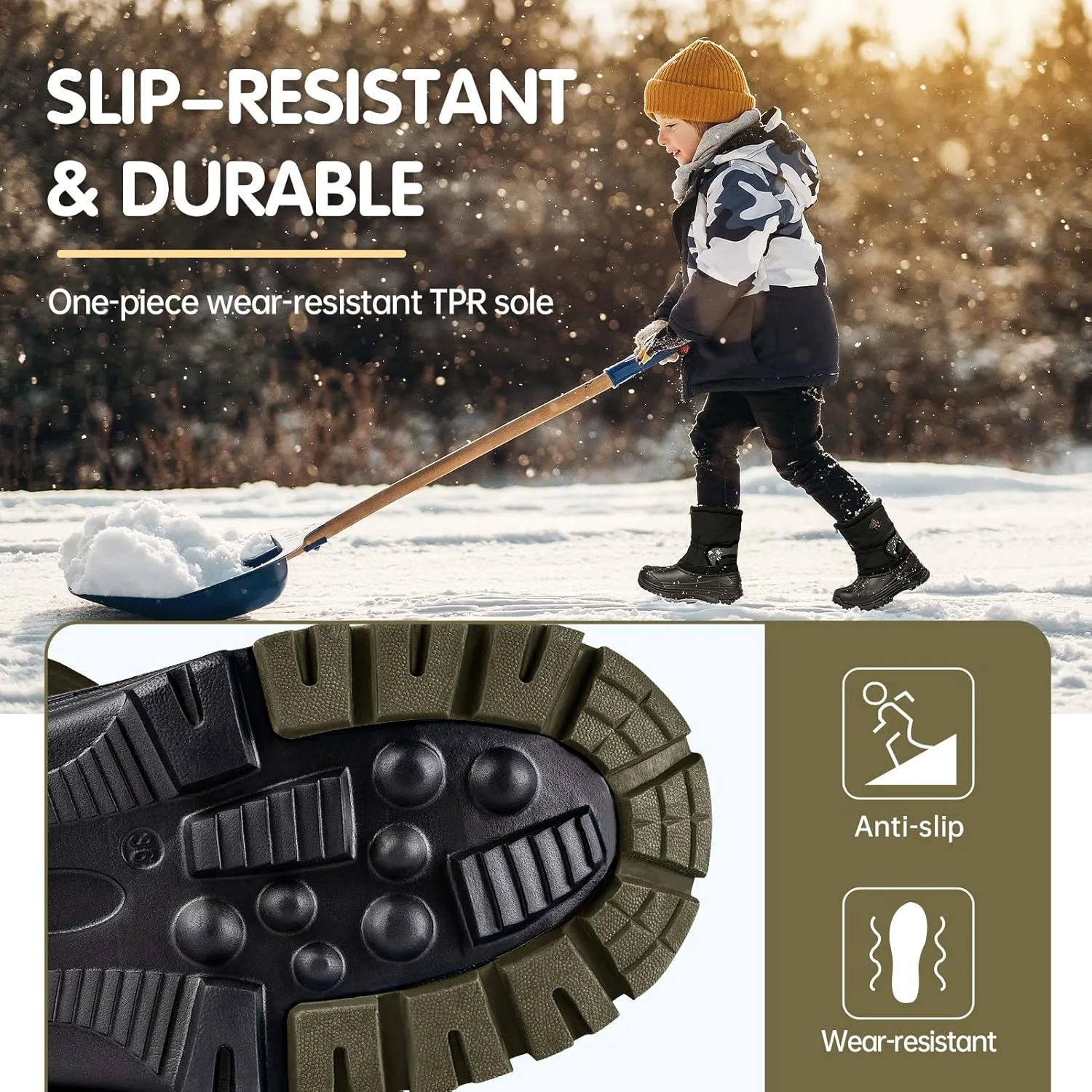 FREE SOLDIER Snow Boots for Kids Waterproof with Zipper Winter Warm Non Slip Cold Weather Outdoor Boys Girls Snow Boots