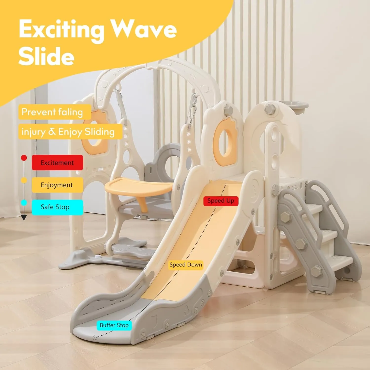 Freestanding Toddler Slide with Swing Set, 6 in 1 Kids Indoor Slide for Toddlers 1-3，L Shaped Slide with Basketball Hoop，Baby Slide for Indoor Outdoor for Boys and Girls Birthday