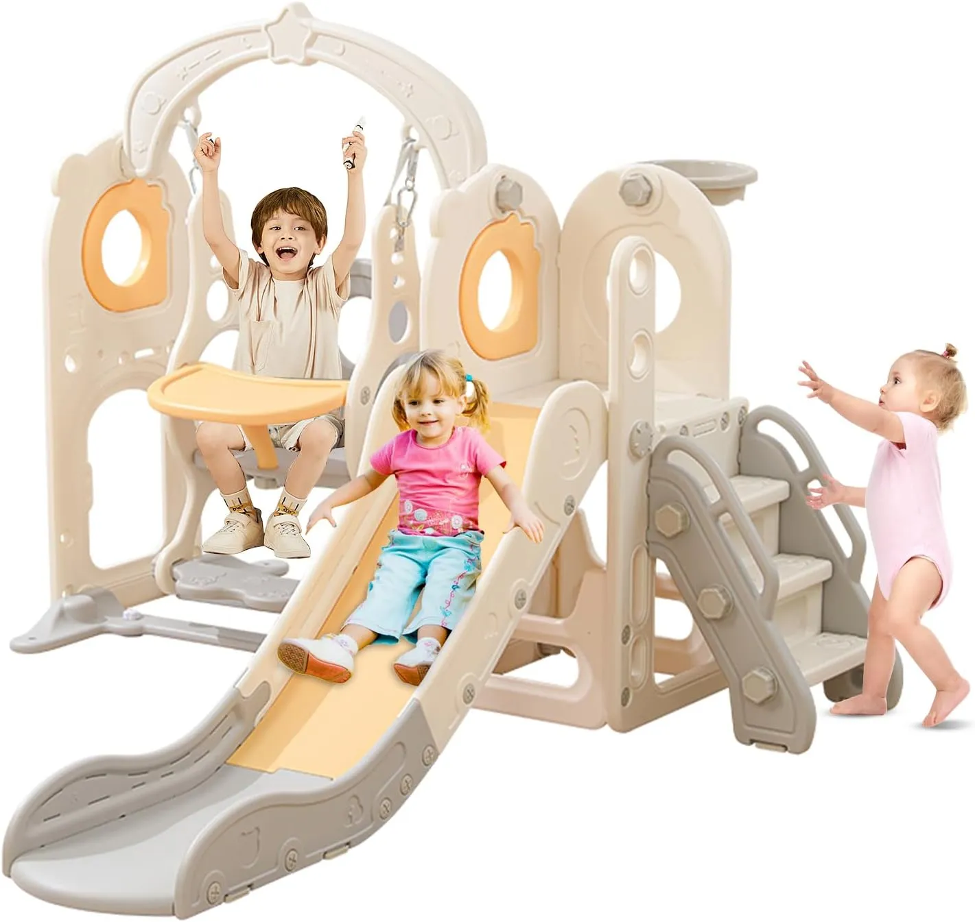 Freestanding Toddler Slide with Swing Set, 6 in 1 Kids Indoor Slide for Toddlers 1-3，L Shaped Slide with Basketball Hoop，Baby Slide for Indoor Outdoor for Boys and Girls Birthday