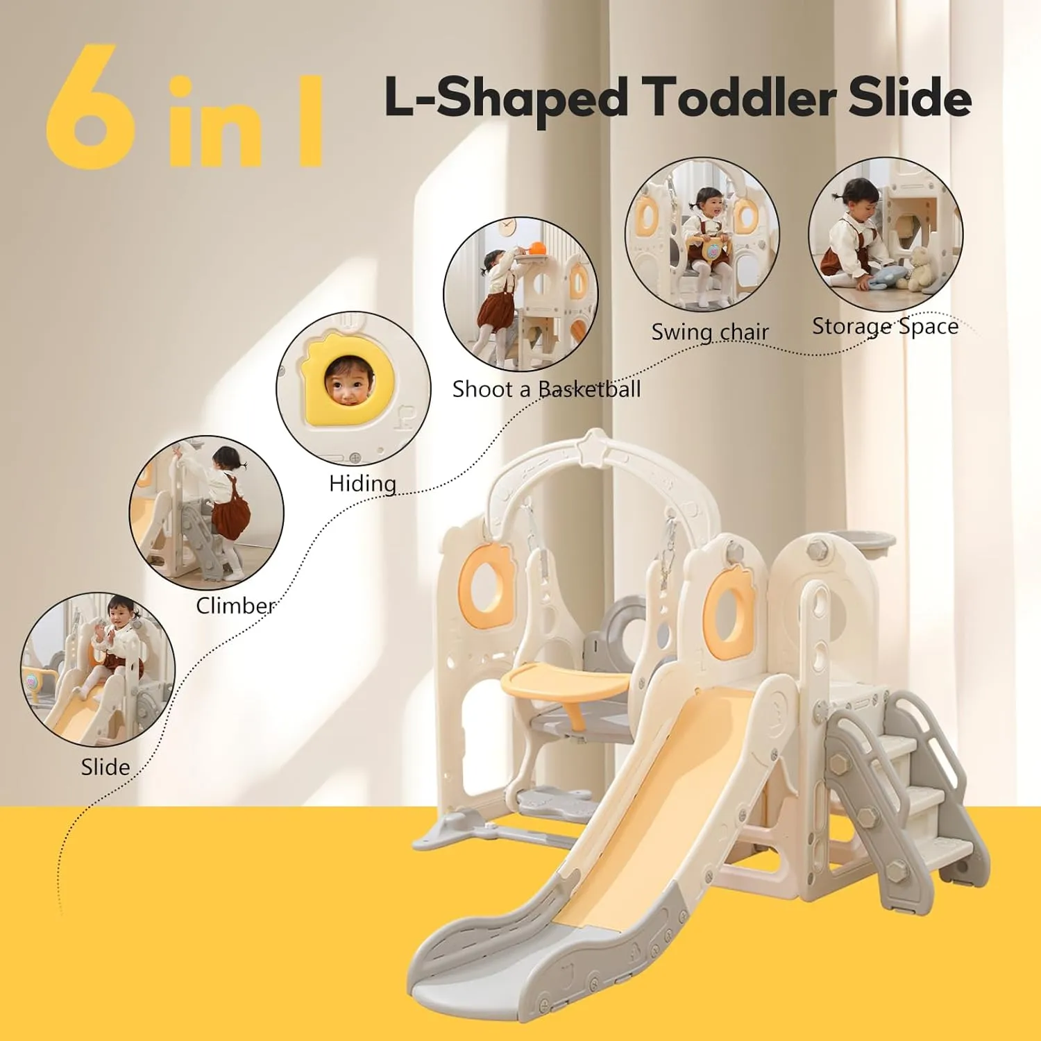Freestanding Toddler Slide with Swing Set, 6 in 1 Kids Indoor Slide for Toddlers 1-3，L Shaped Slide with Basketball Hoop，Baby Slide for Indoor Outdoor for Boys and Girls Birthday