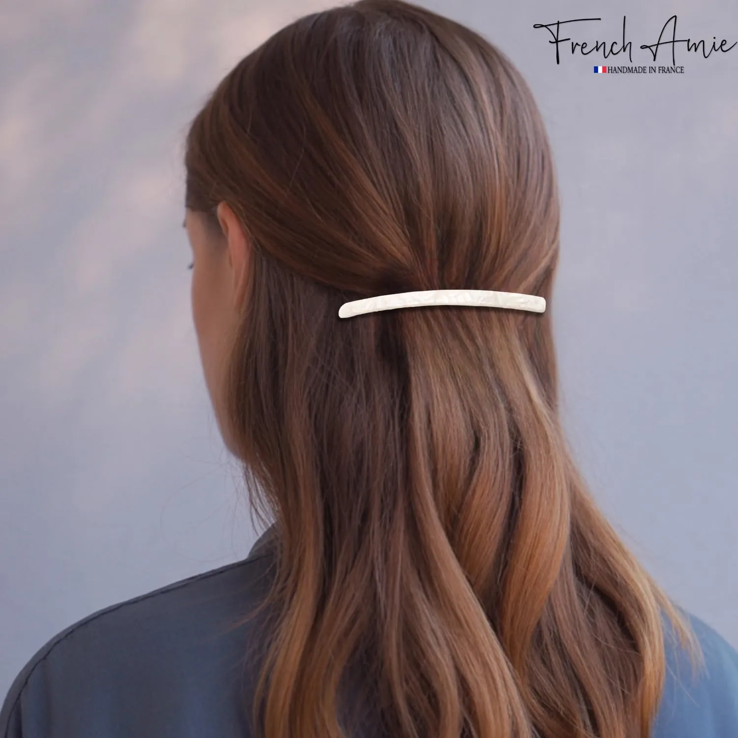 French Amie Long and Thin Frost White Large 4” Handmade Celluloid Automatic Hair Clip Barrette for Women and Girls (Frost White)