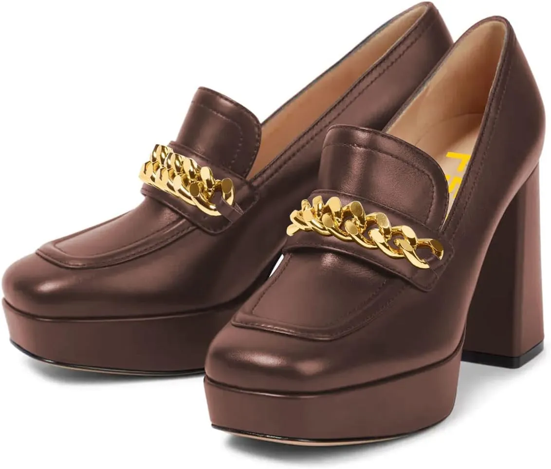 FSJ Women Classic Platform High Chunky Heel Loafer Pumps Square Closed Toe Slip On Block Heel Ladies Wedding Party Office Dress Shoes with Chain Size 4-15 US