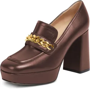 FSJ Women Classic Platform High Chunky Heel Loafer Pumps Square Closed Toe Slip On Block Heel Ladies Wedding Party Office Dress Shoes with Chain Size 4-15 US