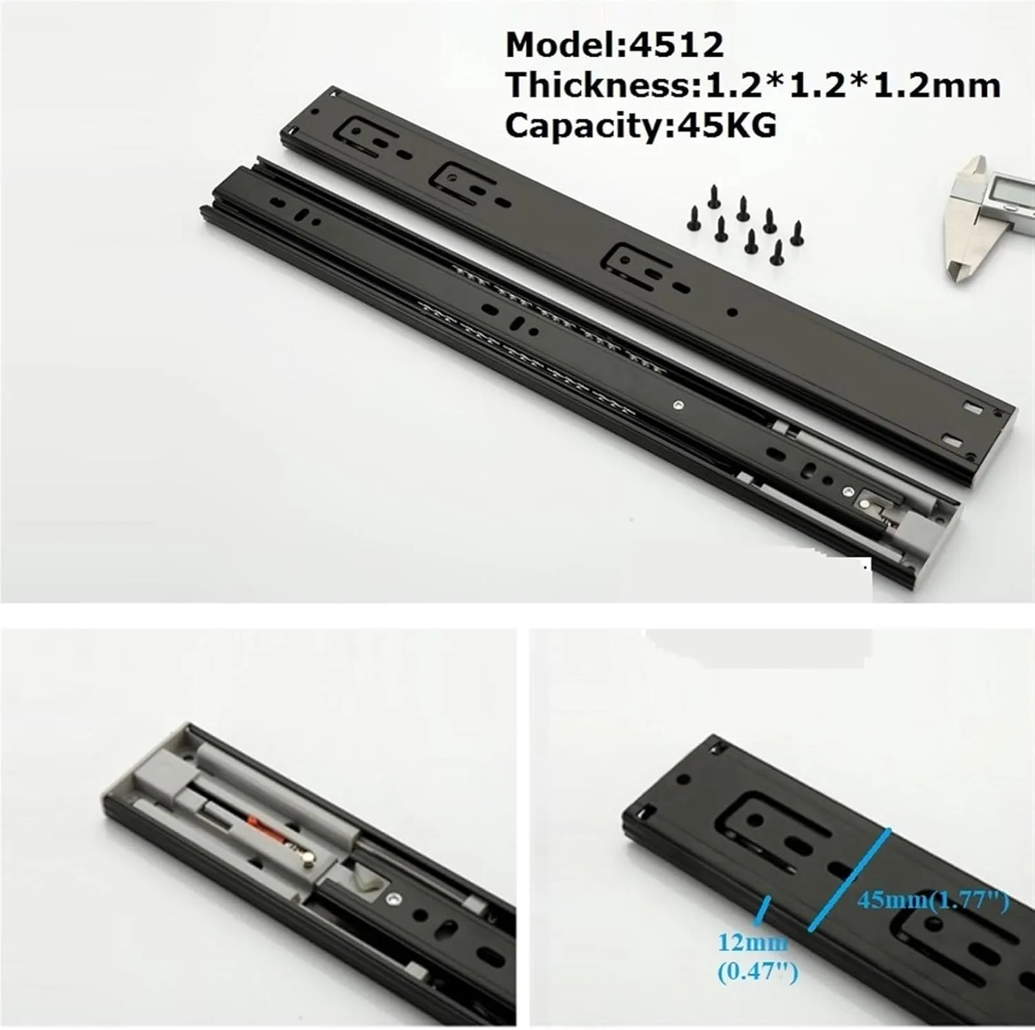 Full Extension Ball Bearing Drawer Glide Push to Open Rebound 3 Folds Black Detachable Ball Bearing Furniture Cabinet Drawer Telescope Slide Side Mount Full Extension(18 Inches 45CM)